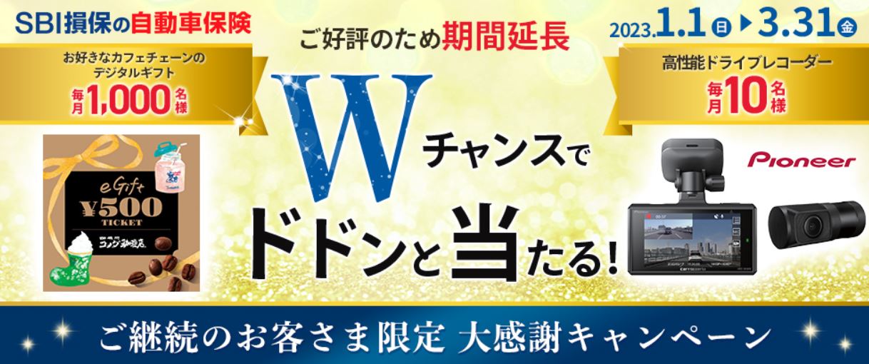 SBI損保のWチャンスでドドンと当たる！継続限定大感謝キャンペーンの画像